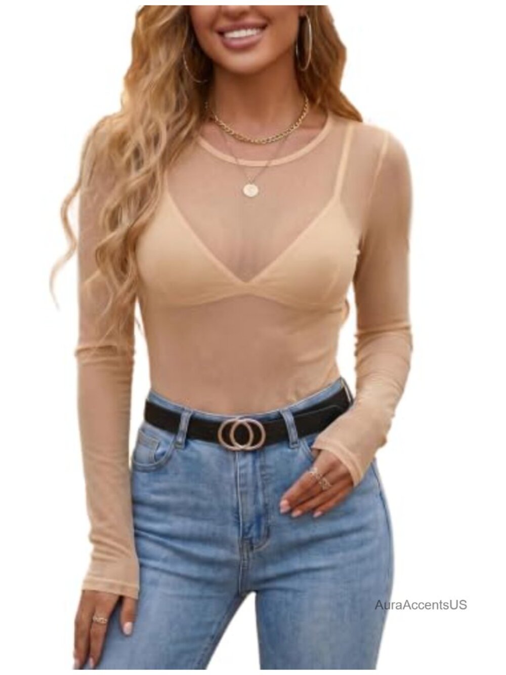 Women's Sheer Mesh Long Sleeve Top Y2K Club Outfit